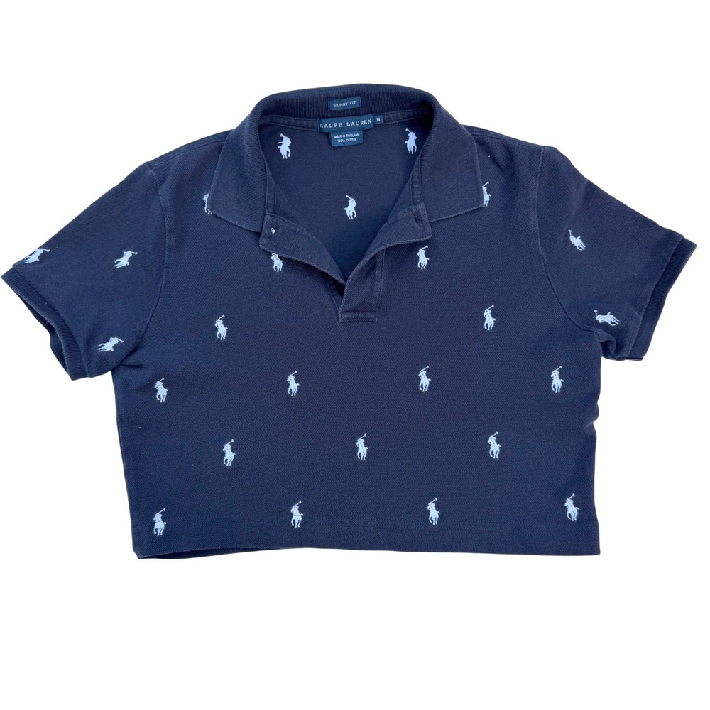 Ralph Lauren Cropped Polo Shirt Navy Multi Pony Logo Skinny Fit Preppy Medium